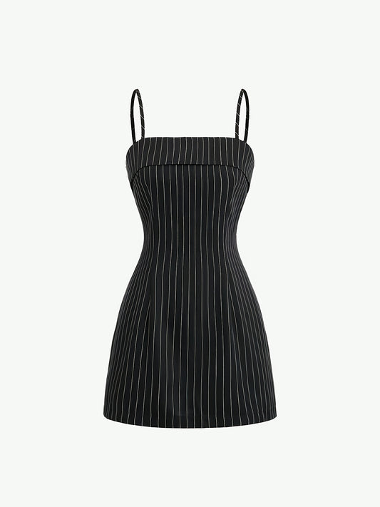 Ensemble deux pièces femme printemps/automne élégant pour le travail, veste à rayures noir et blanc ample, boutonnage simple, robe assortie avec ceinture à la taille, style professionnel et raffiné