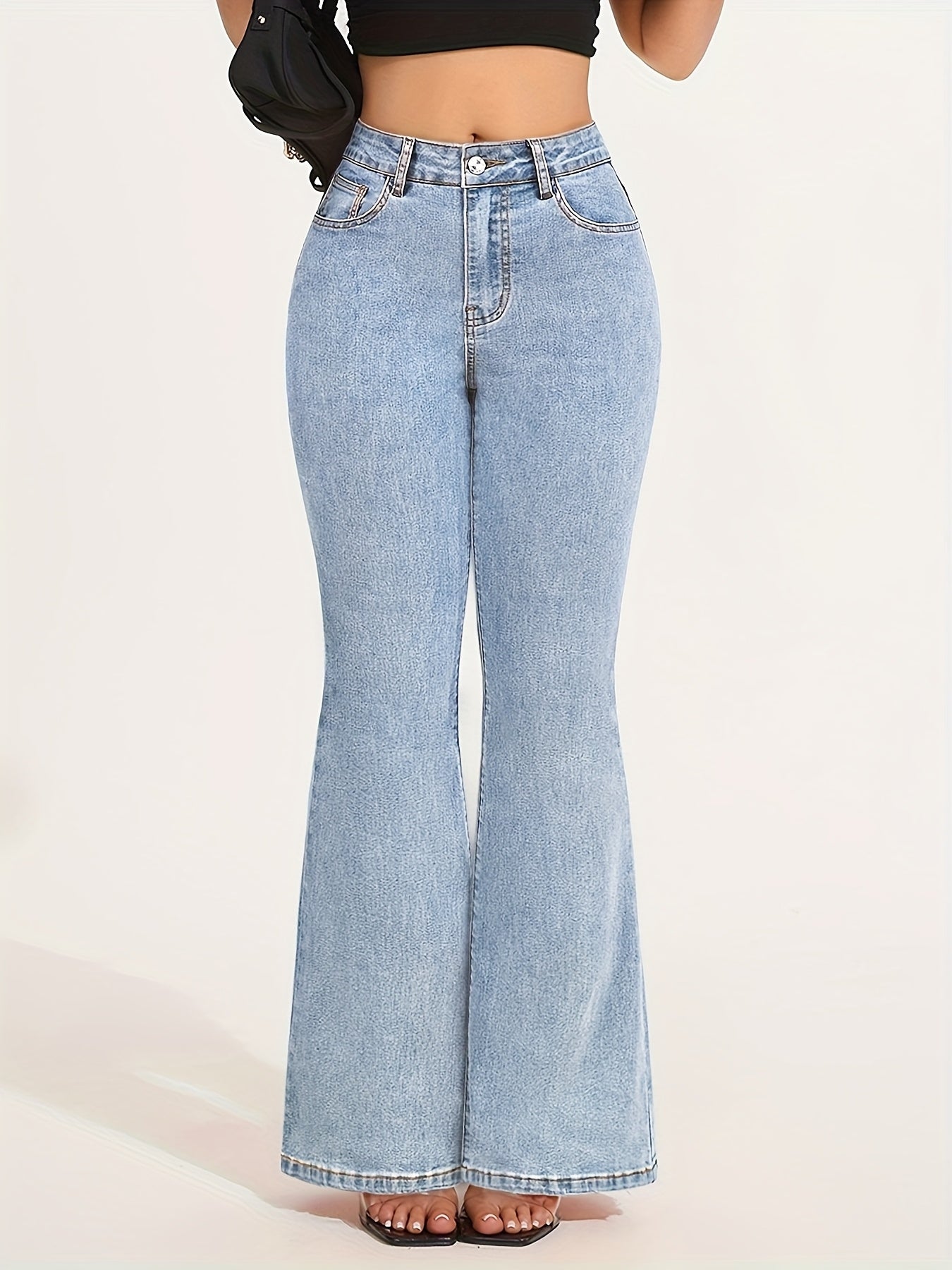 Jean évasé taille haute en denim stretch pour femme - Pantalon élégant gris délavé à jambes évasées avec fermeture à boutons, confortable en toute saison, jean taille haute