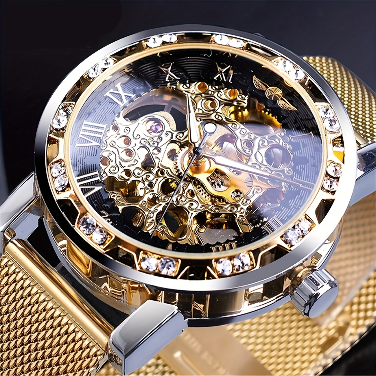 Elegant Men'S Mechanical Watch with Rhinestone Accents & Hollow Mesh Band - Stainless Steel, Zinc Alloy Case, Business Style, Self-Winding Movement, Pointer Display, No Battery Needed, Business Watch | Elegant Watch | Durable