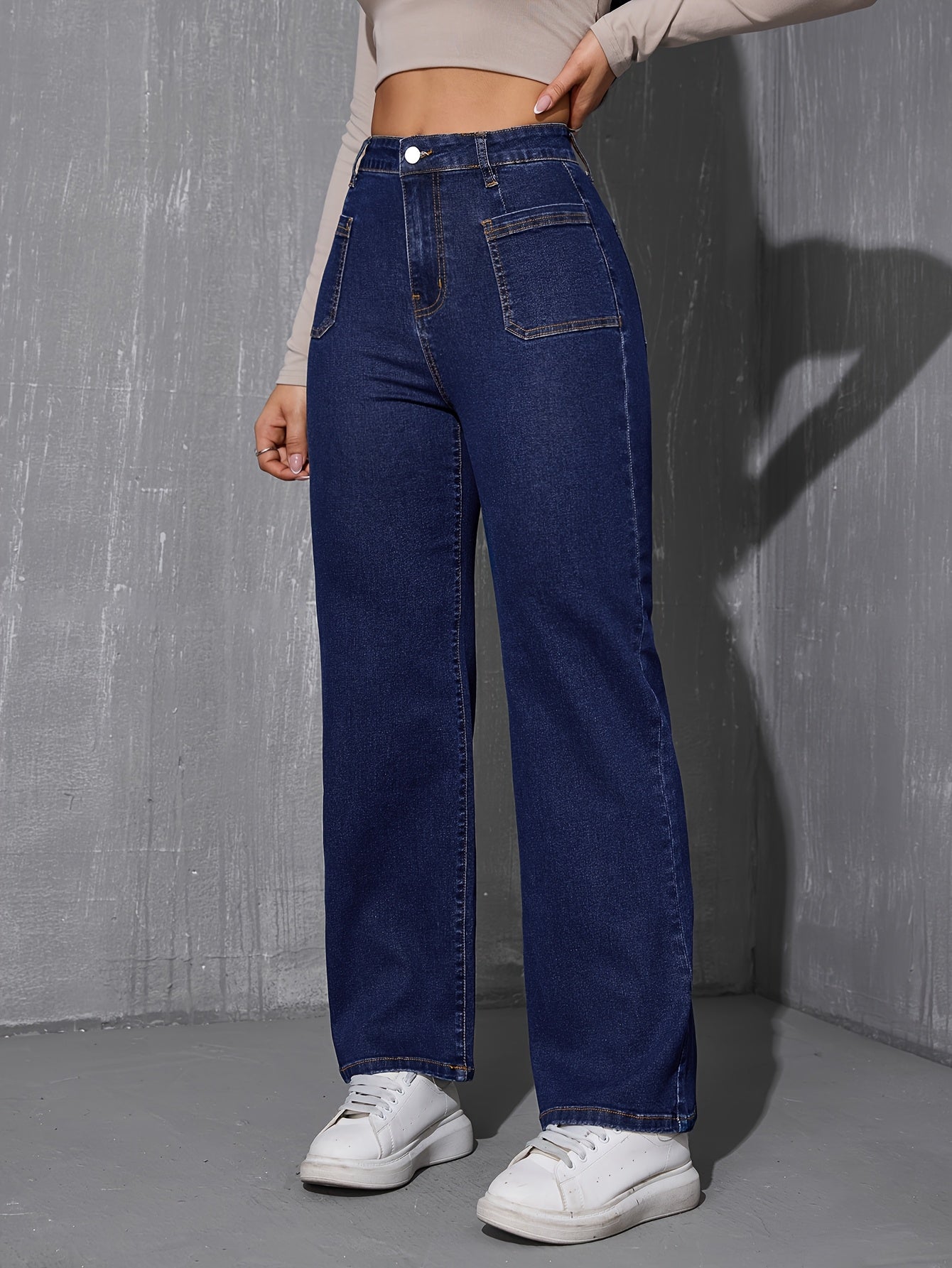 Jeans Femme Jambe Droite Décontracté Taille Élastique Poches Denim Extensible Couleur Unie Longue Printemps Automne Polyvalent