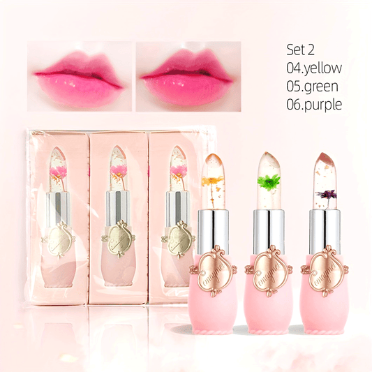 Set 3 Pièces,Rouge à Lèvres Gelée Cristal – Changeant de Couleur, Longue Tenue, Fini Mat, Tous Types de Peau, Teintes Roses, Tubes à Motif Floral