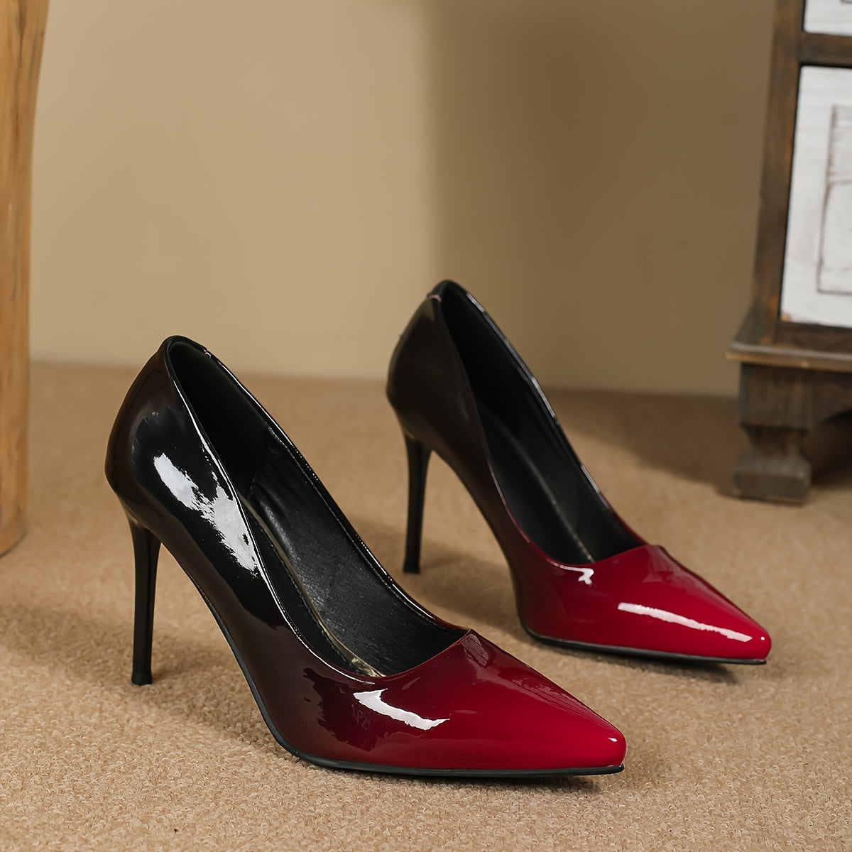 Escarpins Dégradés à Bout Pointu pour Femme – Transition Élégante du Noir au Rouge, Finition Brillante, Talons Aiguilles, Dessus Simili et Semelle TPU