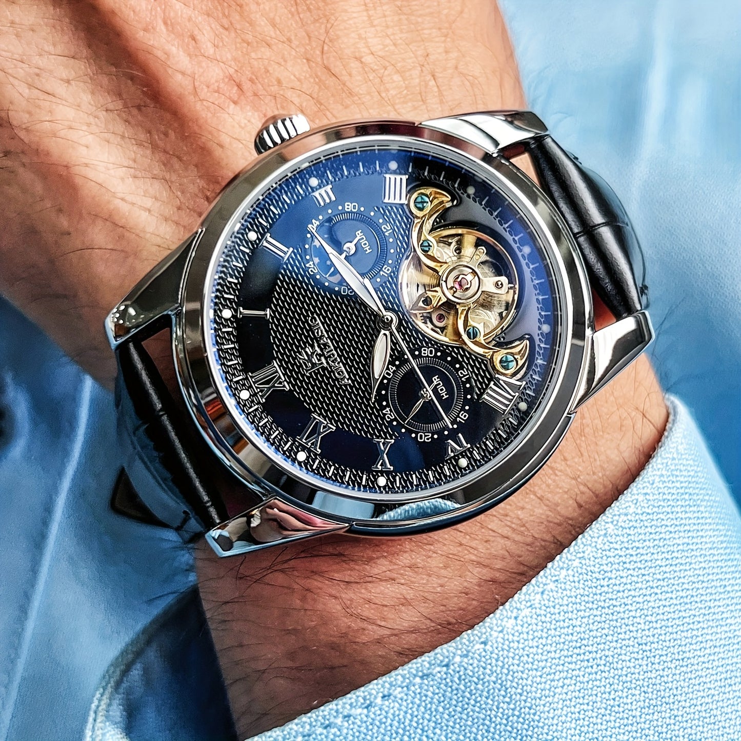 Luxury Automatic Mechanical Watch for Men - Fashionable and Versatile Casual Style - Light Luxury High-end Sun, Moon, Stars 24-Hour Function - Automatic Winding Luminous Hands - Business Demeanor Style - Gift for V