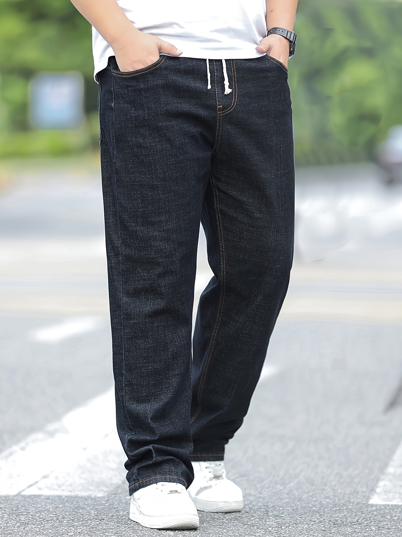 Jeans grande taille pour homme – coupe droite ample, taille haute élastique, style simple et polyvalent, pantalon long automne/hiver, grande taille