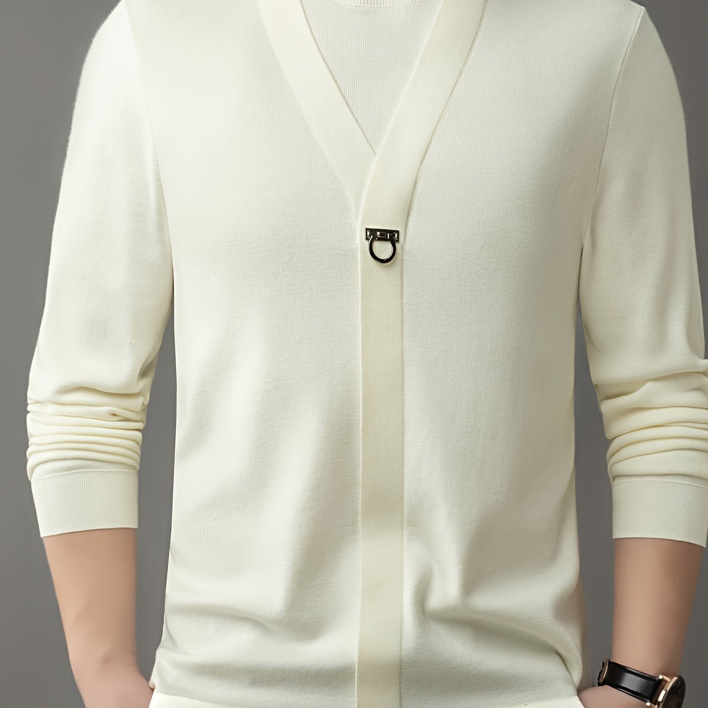 New Autumn And Winter Men'S Fashion: a Round-Neck Long-Sleeve Sweater That Looks Like a Two-Piece, Suitable for Business Casual Wear, Featuring a Faux Placket Design, Knit
