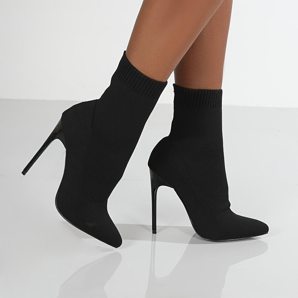 Bottines Femme Rétro Classiques – Tricot Noir, Confortables et Élégantes, Talon Haut Marron Foncé ou Noir, Slip-On Élastique, Adaptées à Tous Types de Morphologie, Style Européen et Américain Simple