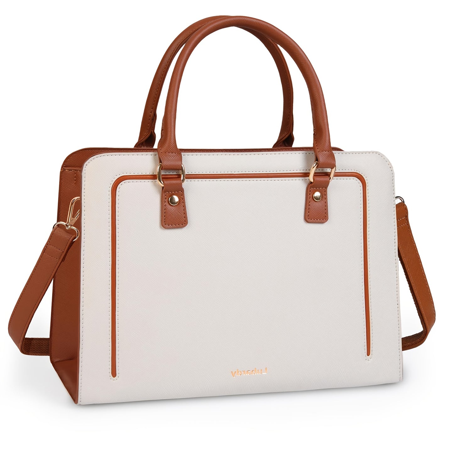 Sac fourre-tout élégant Lubardy pour femmes en simili cuir synthétique, bandoulière amovible et réglable, fermeture éclair et doublure polyester – Blanc/Noir/Marron, polyvalent pour travail, voyage, sorties et usage quotidien