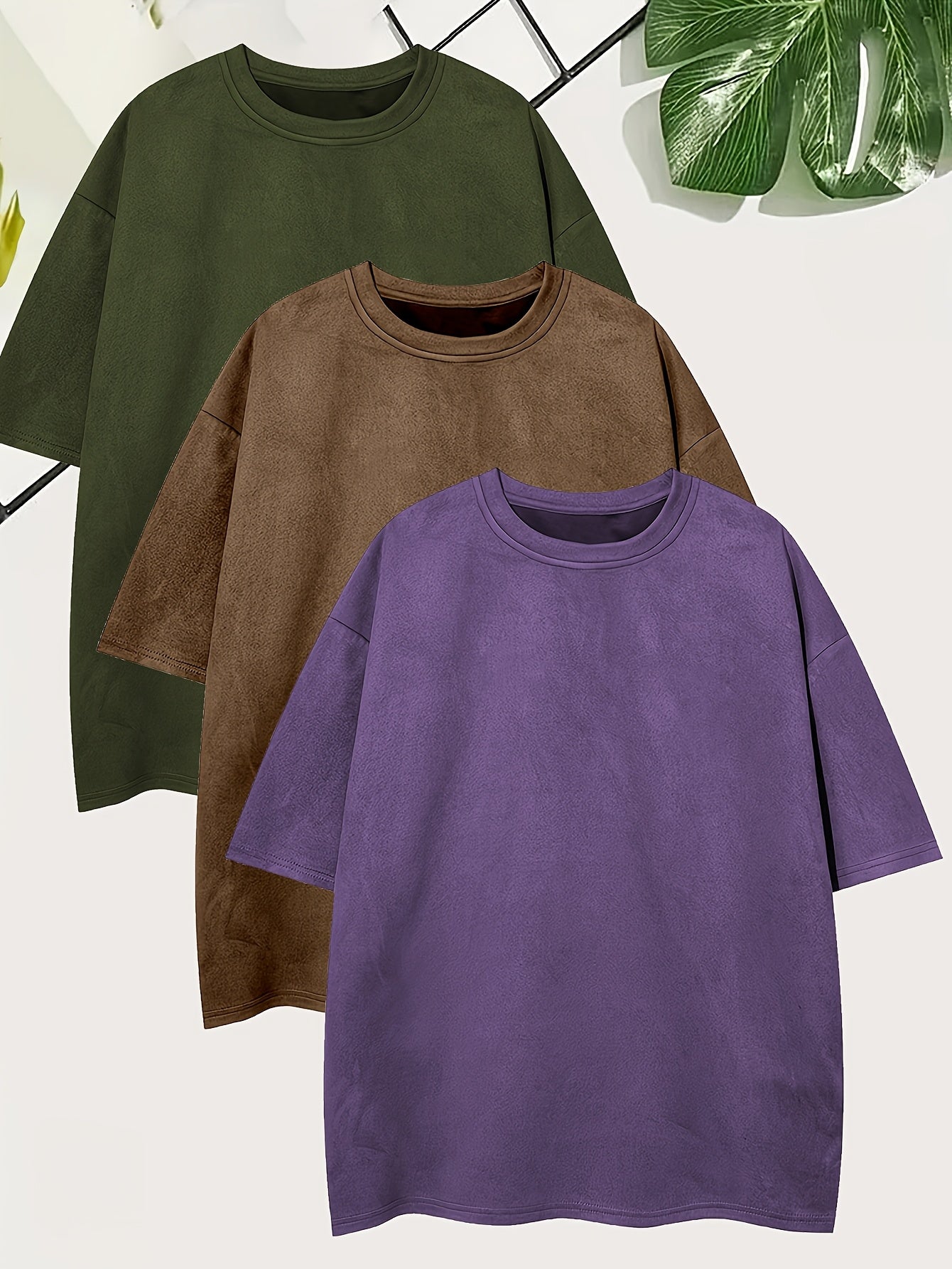 Pearson OBM Men'S Casual Loose Solid Color Faux Suede T-Shirt Set of 3, Short-Sleeve Round Neck Comfortable Tops.