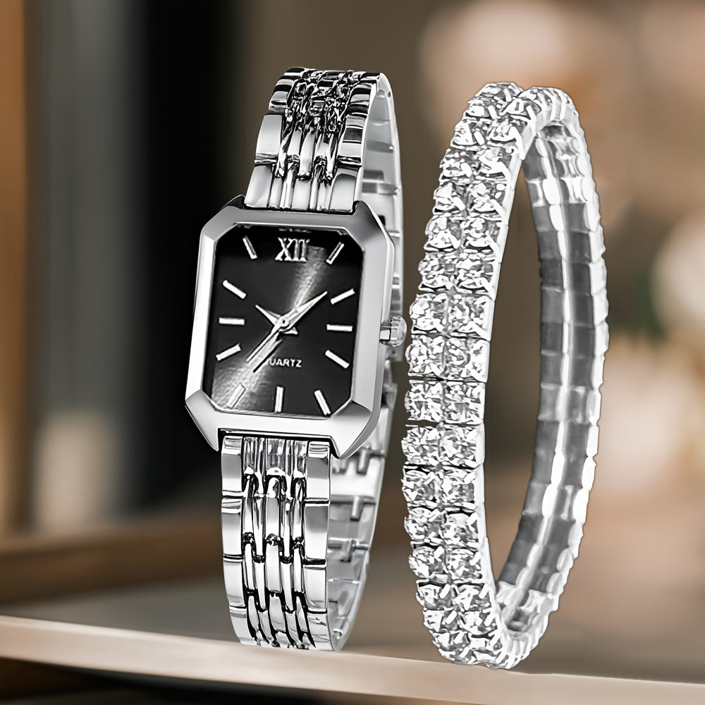 Coffret Cadeau Montre Femme – Lot de 2 Pièces Élégantes, Montre Style Classique avec Bracelet de Luxe, Cadran Rectangulaire Rétro, Bracelet Confortable en Alliage, Idéal Cadeau Famille et Amis, Parfait pour Pâques ou Tenues Décontractées
