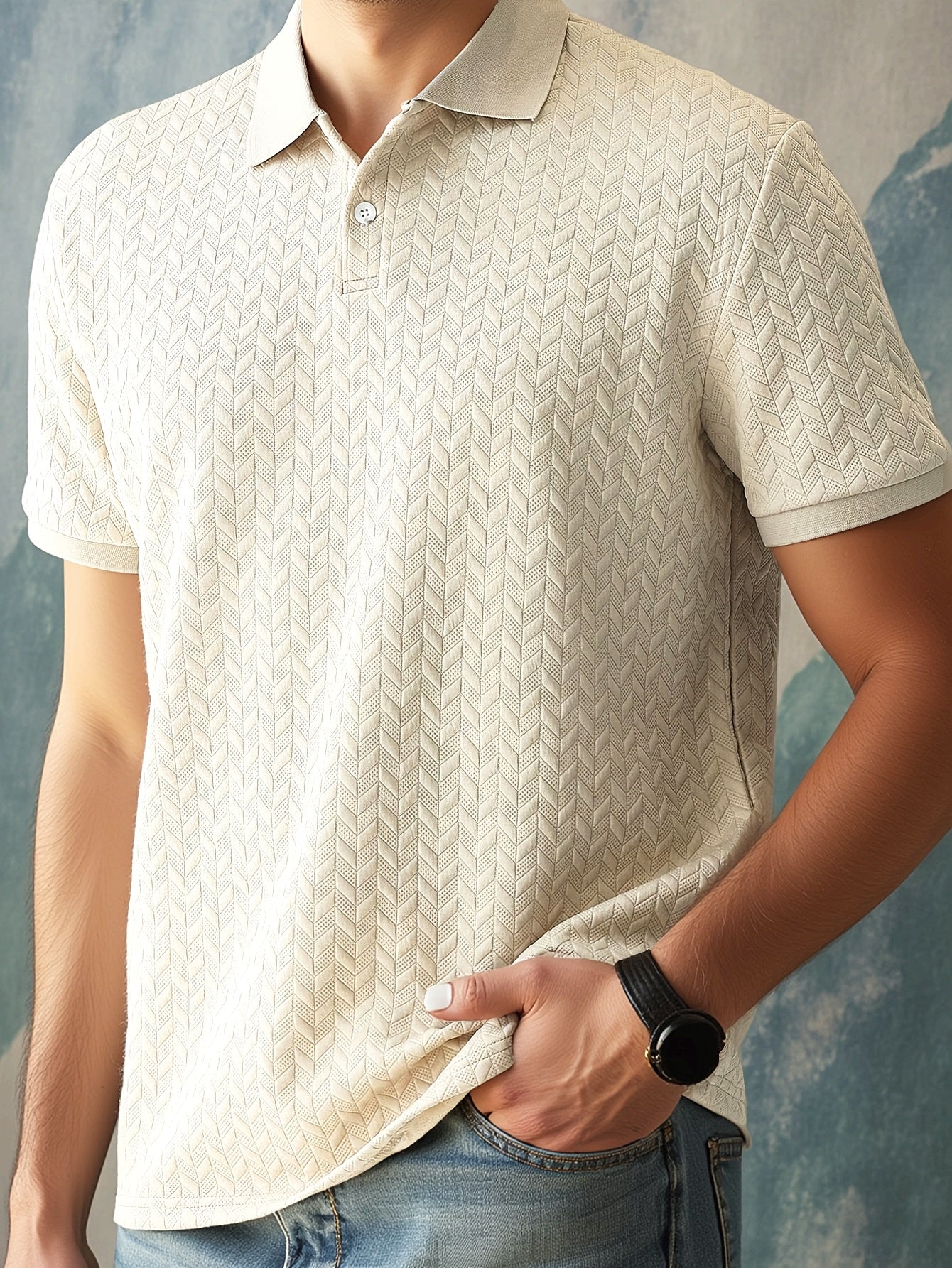 Men'S Casual Solid Color Polo Shirt with Lapel Collar, Short Sleeve Knit Fabric, 97% Polyester 3% Spandex, Slight Stretch, Regular Fit, Summer Wear - 280gsm