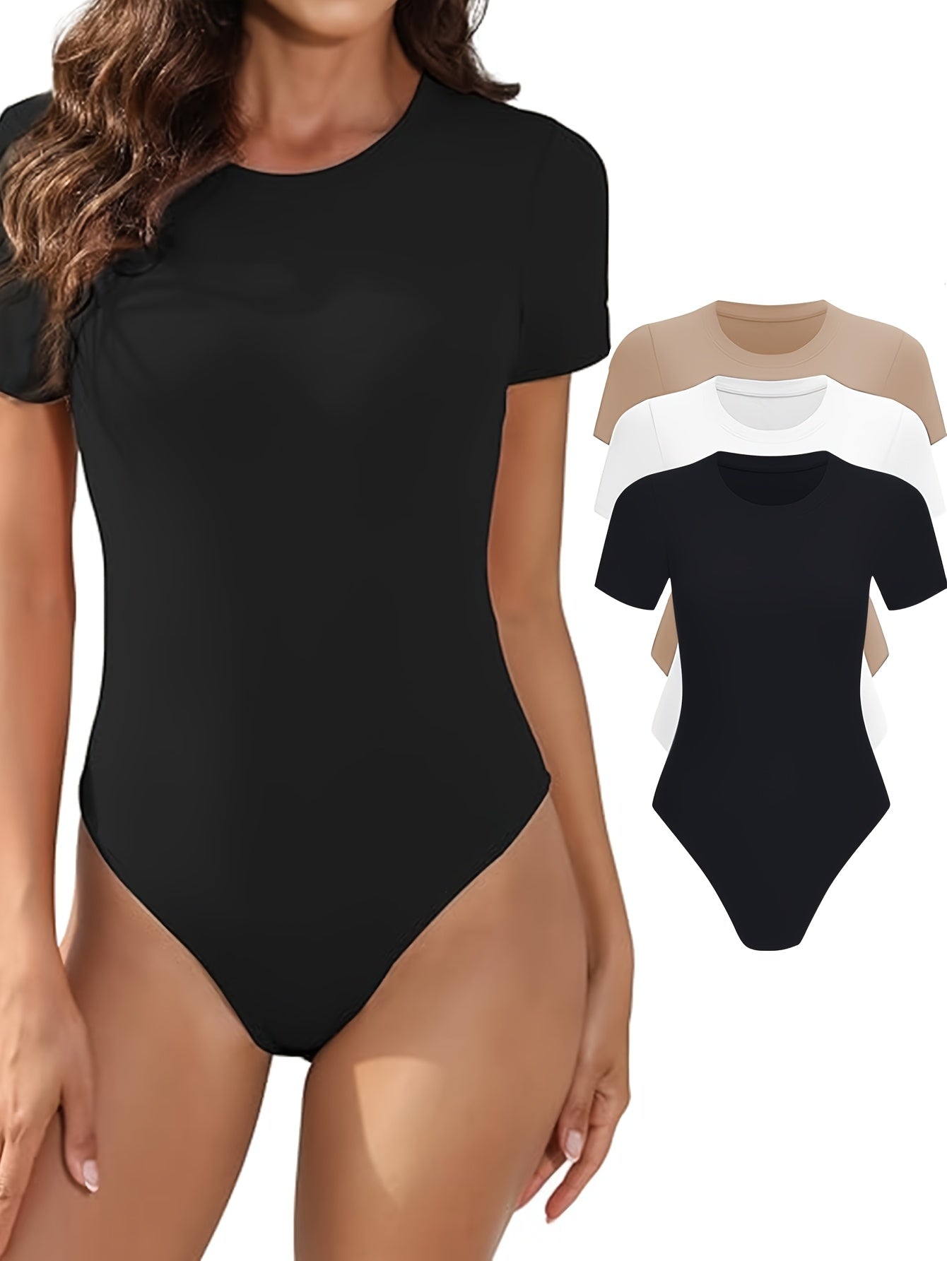 Lot de 3 bodys femme – manches courtes, col rond, coupe ajustée, basiques confortables
