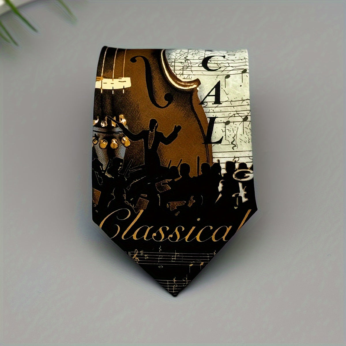 1pc Cravate Homme – Motif Violon et Notes de Musique, Polyester, Marron & Noir, Pour Tenues Formelles