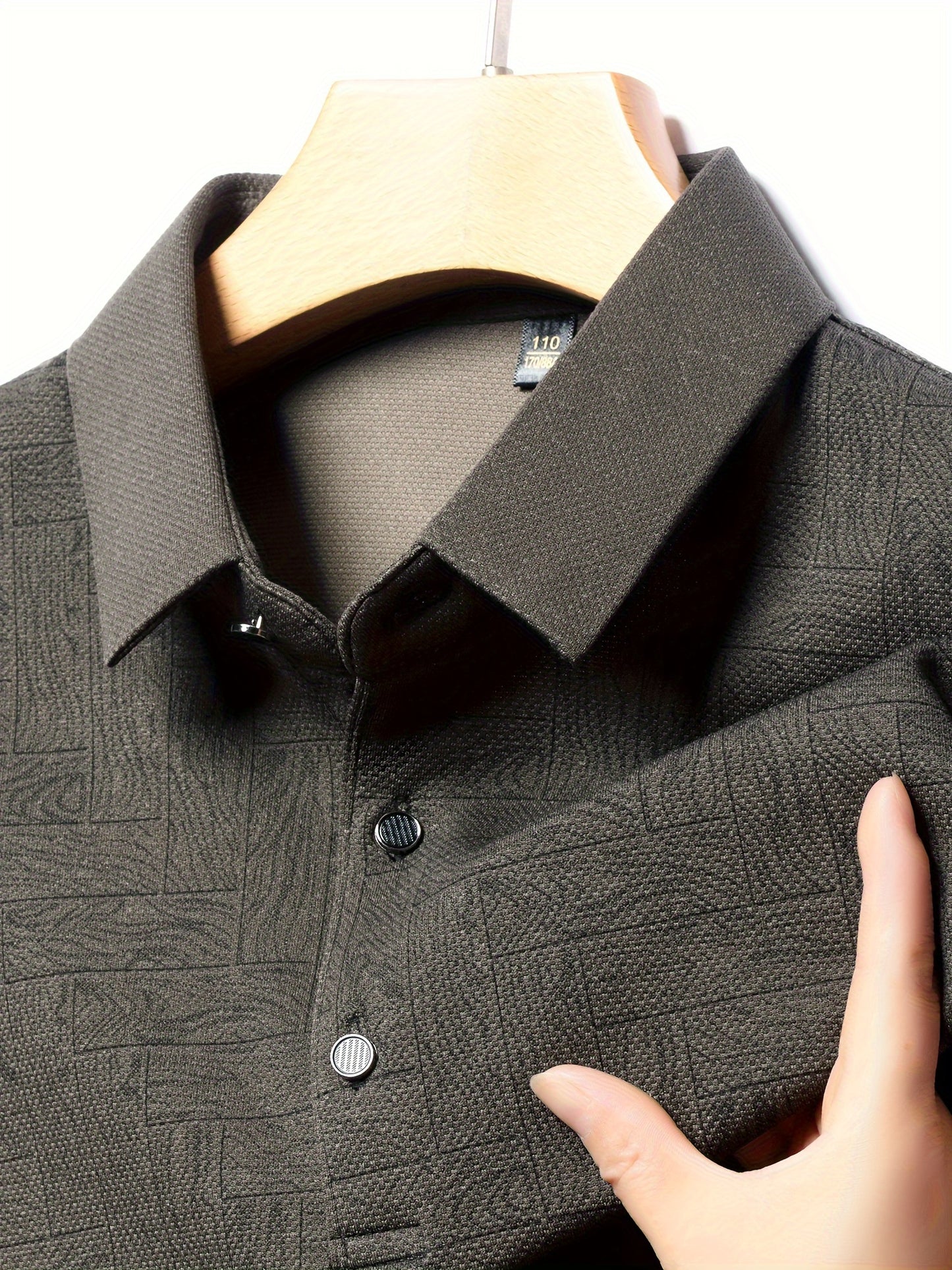 Men'S Geometric Mahjong Block Long Sleeve Polo Shirt - Casual & Stylish Business-Casual Lapel Collar, Polyester Blend, Perfect for Spring/Fall