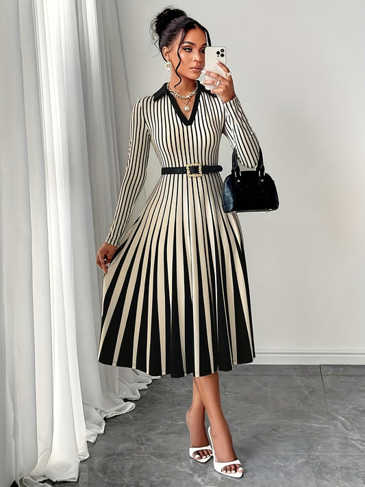 Elegant V-Neck Long Sleeve Geometric Stripe A-Line Dress - Black and White, Perfect for Spring/Fall Parties and Events, Party Dress|Striped Pattern|Vneckline