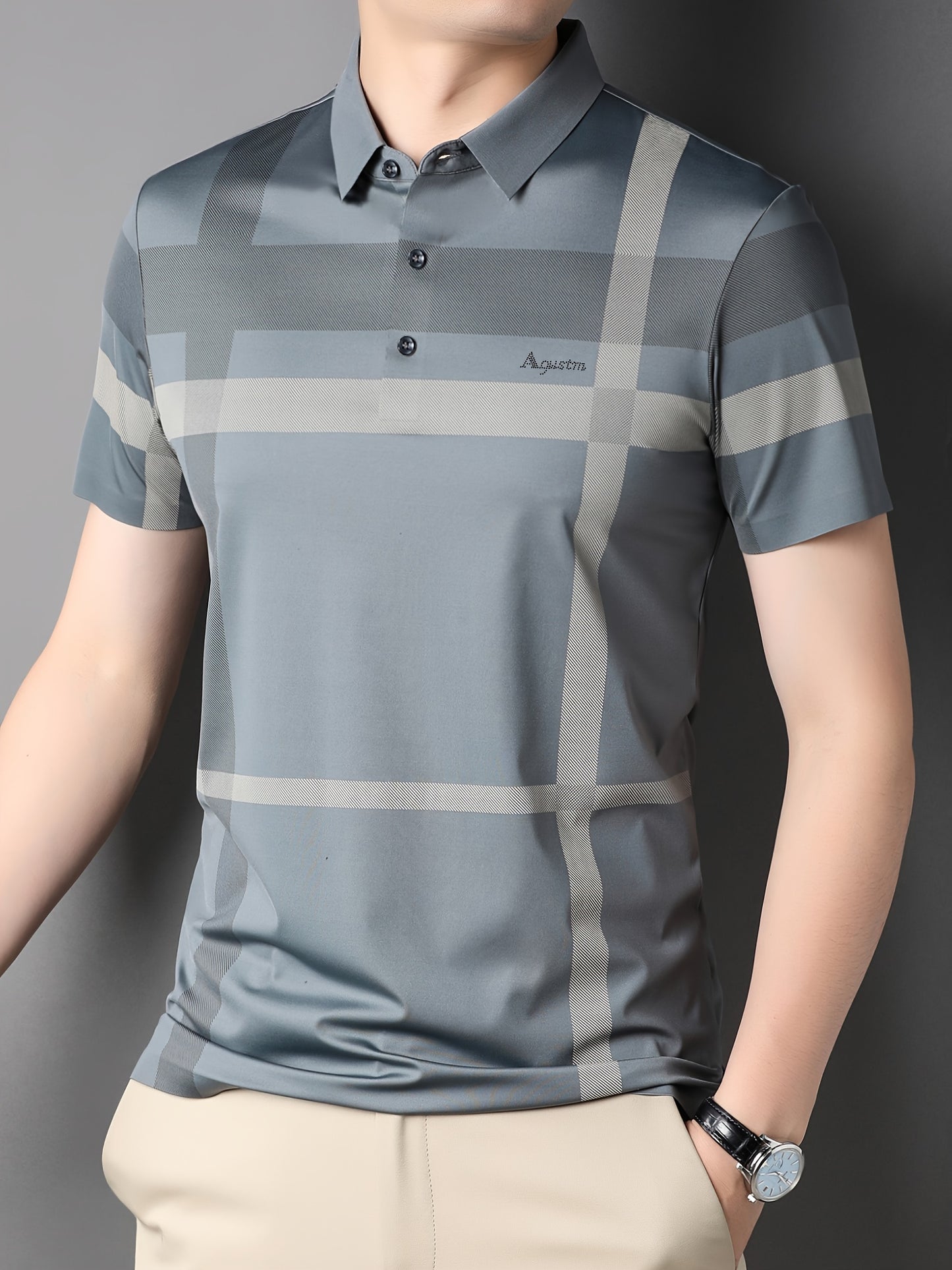 Summer New Men's Short Sleeve T-Shirt with Plaid Collar