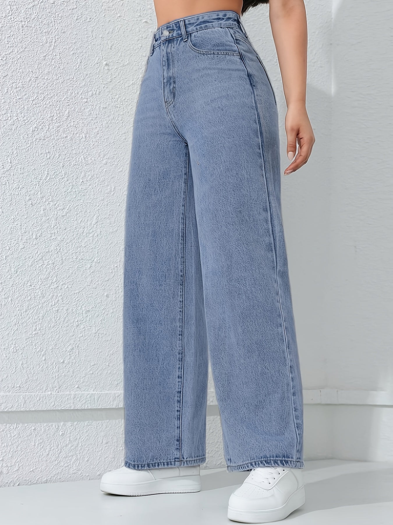 Jeans Femme Décontracté – Jambe Droite, Coupe Ample, Confort Toutes Saisons, Fermeture Boutons, Poches, Denim Bleu Clair, Idéal Sorties Week-end, Tissu Non Extensible, Coupe Relâchée