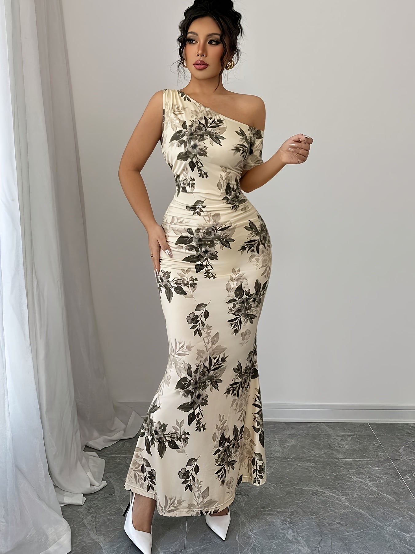 Women's Floral Print Asymmetrical Shoulder Ruffle Design Mermaid Hem Elegant and Delicate Party Date Dress