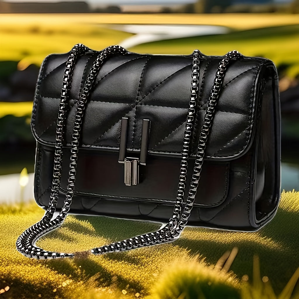Sac à bandoulière noir élégant en similicuir avec chaîne – style chic, motif à carreaux, fermeture à tourniquet, doublure synthétique, idéal pour les occasions décontractées et formelles.