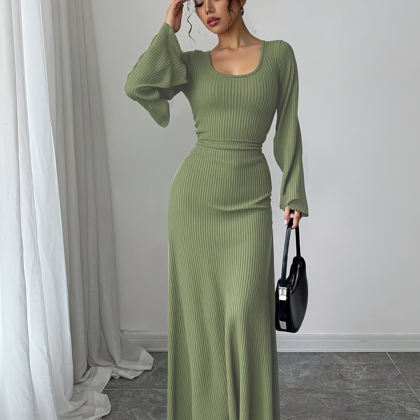 Robe Maxi Traditionnelle Femme Élégante – Couleur Unie, Manches Bouffantes, Nœud au Dos, Silhouette A-Ligne, Col Rond, Longue, Idéale Événements Formels