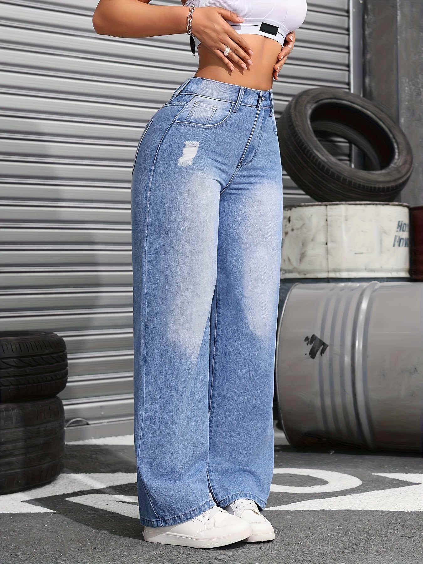 Jeans Femme Taille Haute Denim Extensible Zippé Coupe Ample Bleu Effet Déchiré Jambe Droite Large Décontracté Toute Saison