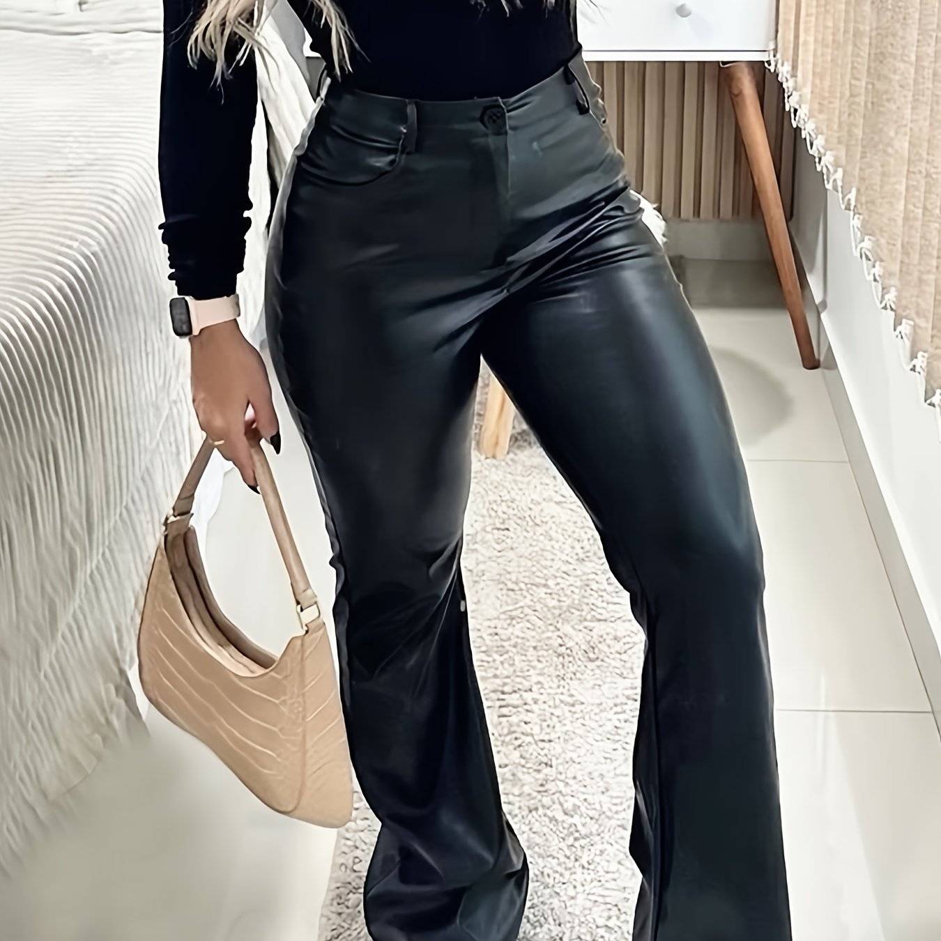 Pantalon Femme Élégant Taille Haute – Jambe Large Effilée, Noir Brillant, Longueur Sol, Printemps/Été, Bureau et Soirée