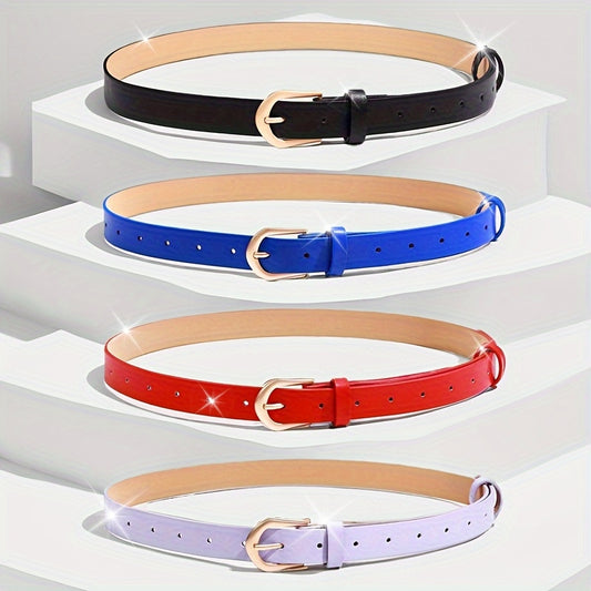 Lot de 4 ceintures à la mode – Ceintures fines en PU bleu, noir, rouge et violet, adaptées aux tailles de 78-95 cm, bande décorative pour assortir robes et jeans, ceinture stylée, ensemble de 4 couleurs