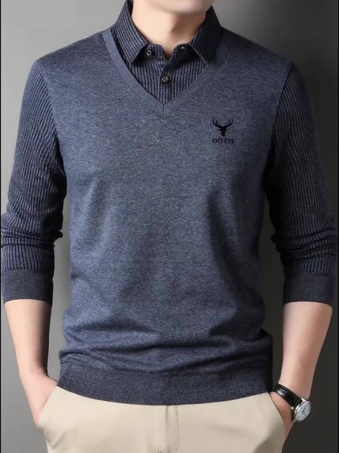 Men'S Spring And Autumn Thin Fake Two-Piece Lapel Button Long-Sleeved Knitted Pullover, Chest Embroidery, Button Placket, Suitable for Daily Commuting, Travel And Office And Other Scenes, Is The First Choice for Gifts