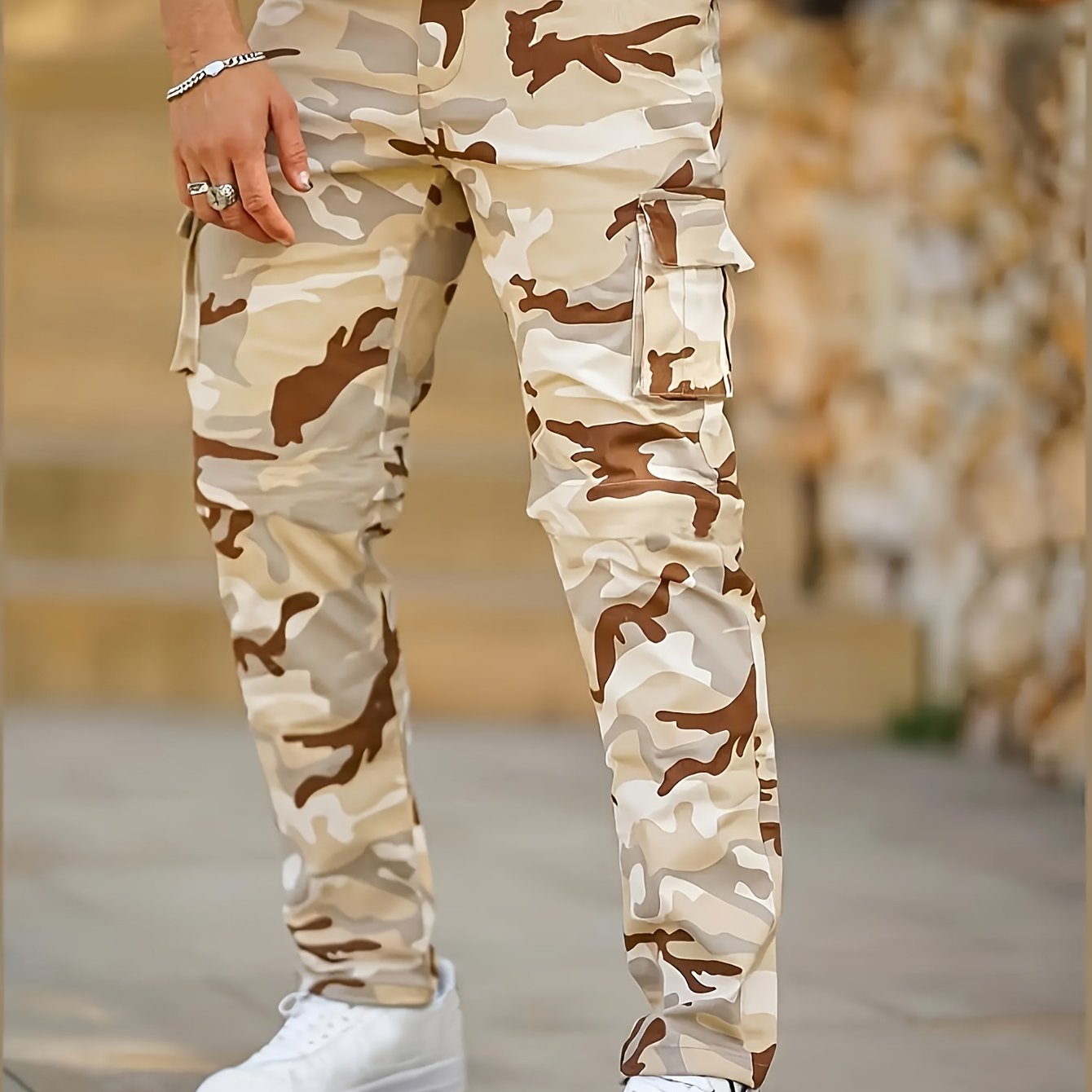 Pantalon Cargo Homme Camouflage – Coupe Ample, Multi-Poches, Taille à Cordon, Vert/Noir/Blanc