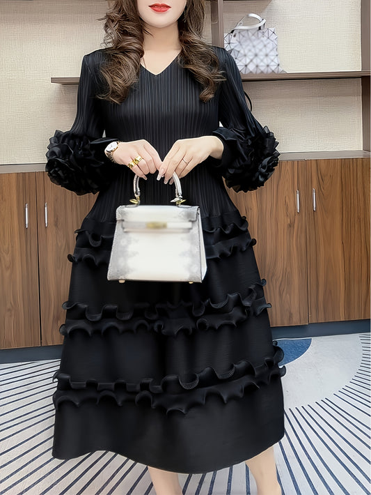 Robe Grande Taille Élégante – Col Volants, Manches Bouffantes, Coupe A-Ligne Smock, Longueur Courte à Mi-Mollet, Couleur Unie Noire