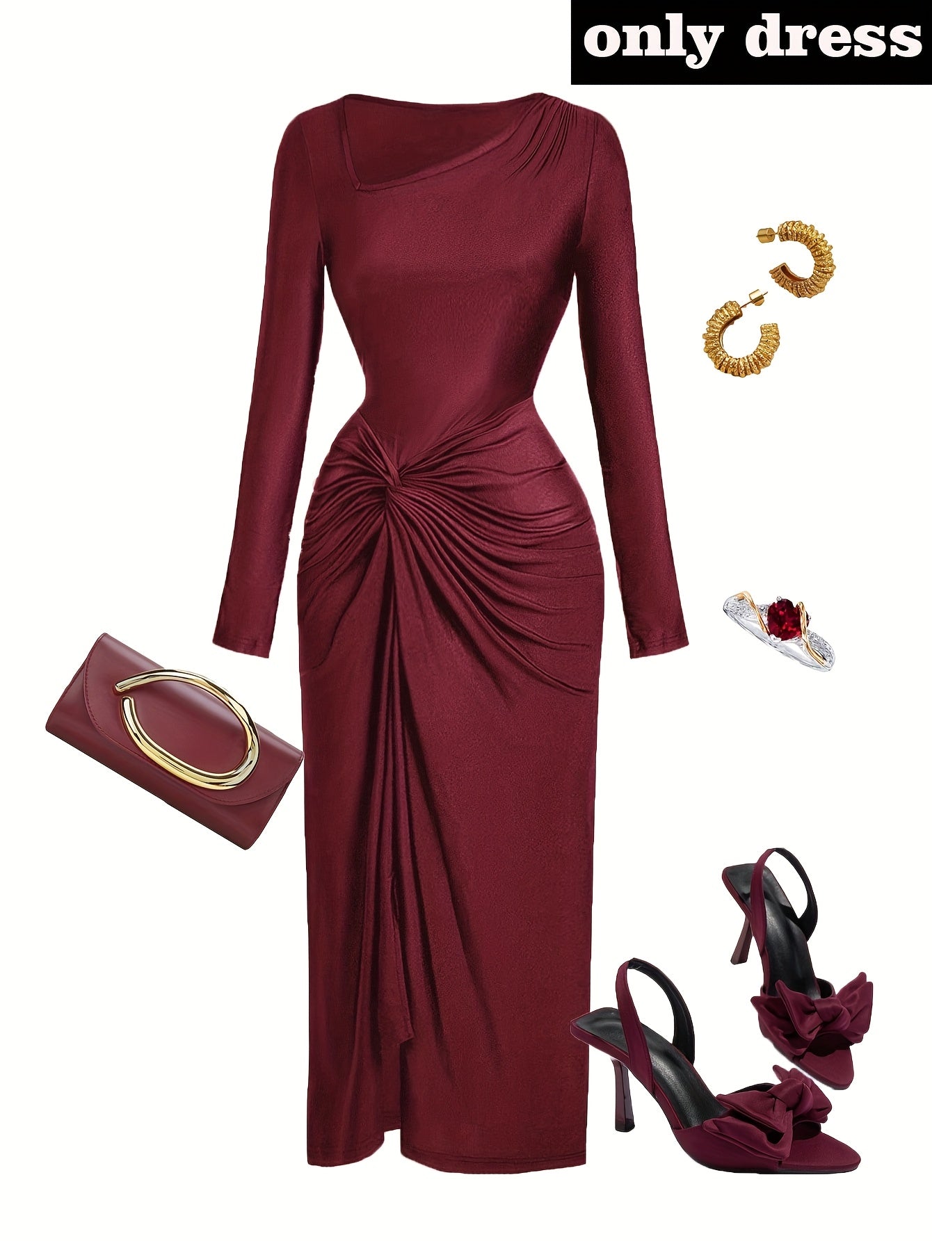 Robe Femme Élégante à Col Irrégulier — Manches Longues, Couleur Unie, Parfaite pour Soirées, Sorties et Rendez-vous