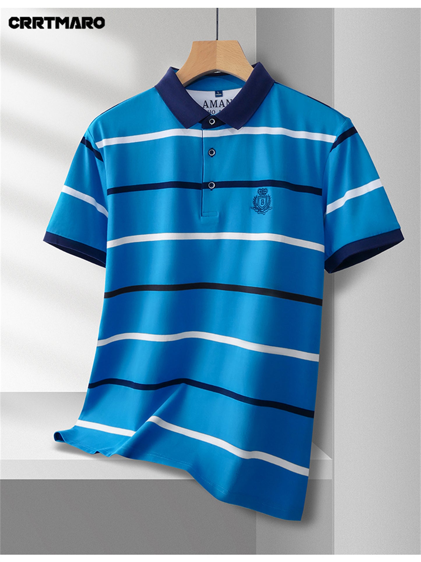 Men's Short Sleeve Shirt - Summer Striped Embroidered Logo, Vibrant Yellow & Navy, Breathable Regular Fit Casual Button-Up for Office & Leisure