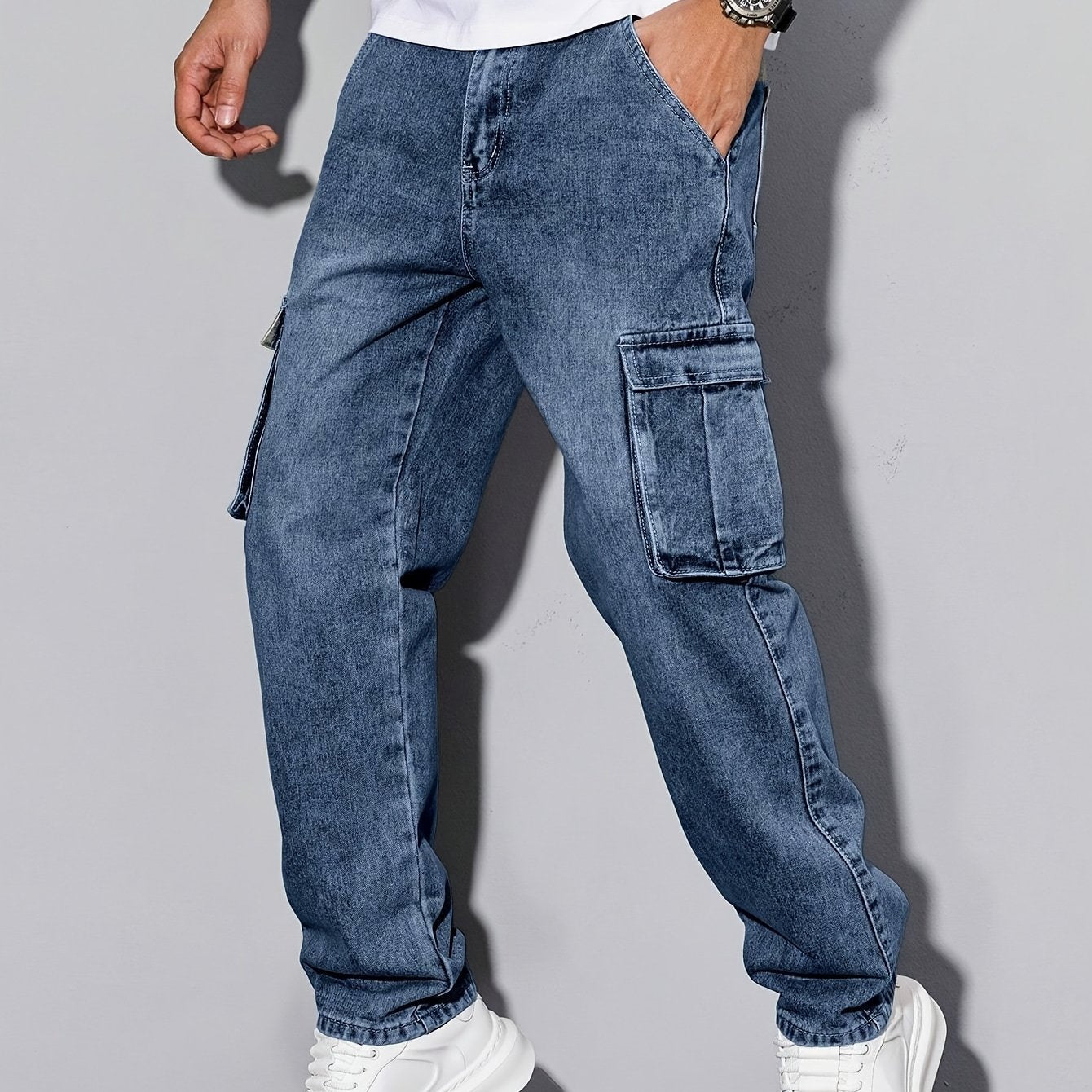 Pantalon de travail robuste pour homme – faux denim non extensible, multiples poches utilitaires, fermeture à boutons, taille mi-haute, idéal pour extérieur, construction, randonnée et usage quotidien