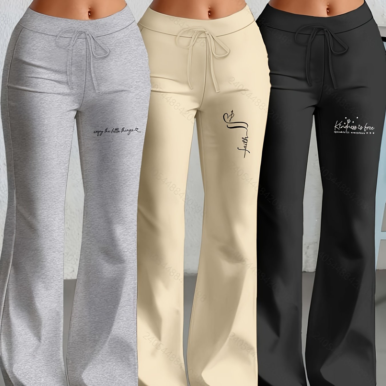 Lot de 3 Pantalons Femme Européens et Américains – Jambe Droite Évasée avec Texte Anglais Classique