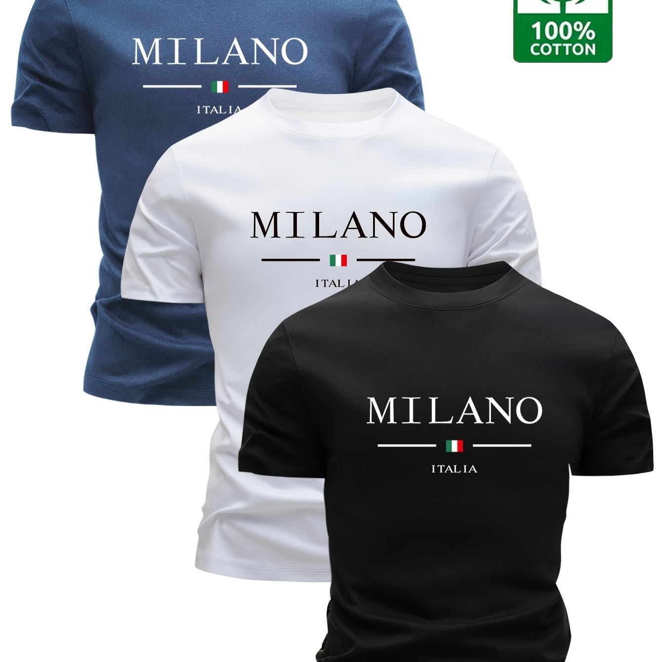 Set of 3 100% T-Shirts, Casual Letter Print Tees, Men'S Round Neck Tops, Perfect for Summer.