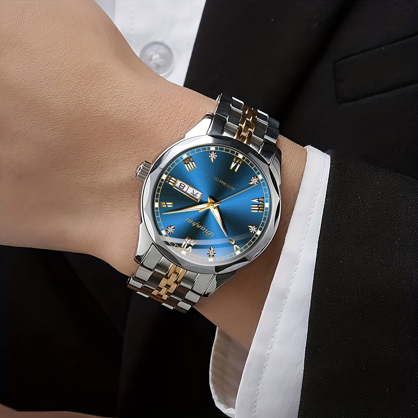 Luxury Men'S Fully Automatic Mechanical Watch with Luminous Calendar & Date Display - Stainless Steel Strap, Golden-Tone Dial, Business & Formal Wear, Without Battery, Formal Accessory, Professional Men, Stylish Men