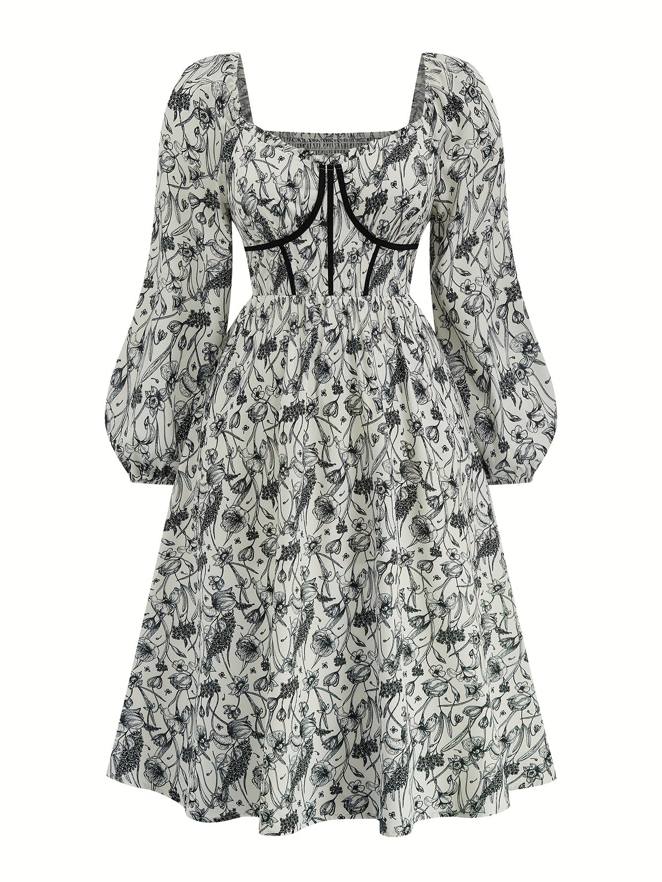 Robe fleurie décontractée élégante femme – col carré, manches, coupe A-line mi-longue avec smocks, coupe ample, printemps/été/automne, vacances et sorties décontractées, matière respirante, mode printemps