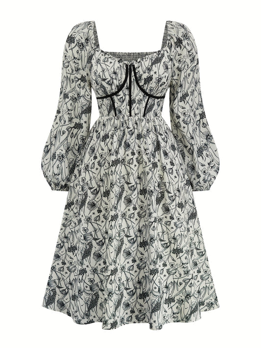 Robe fleurie décontractée élégante femme – col carré, manches, coupe A-line mi-longue avec smocks, coupe ample, printemps/été/automne, vacances et sorties décontractées, matière respirante, mode printemps