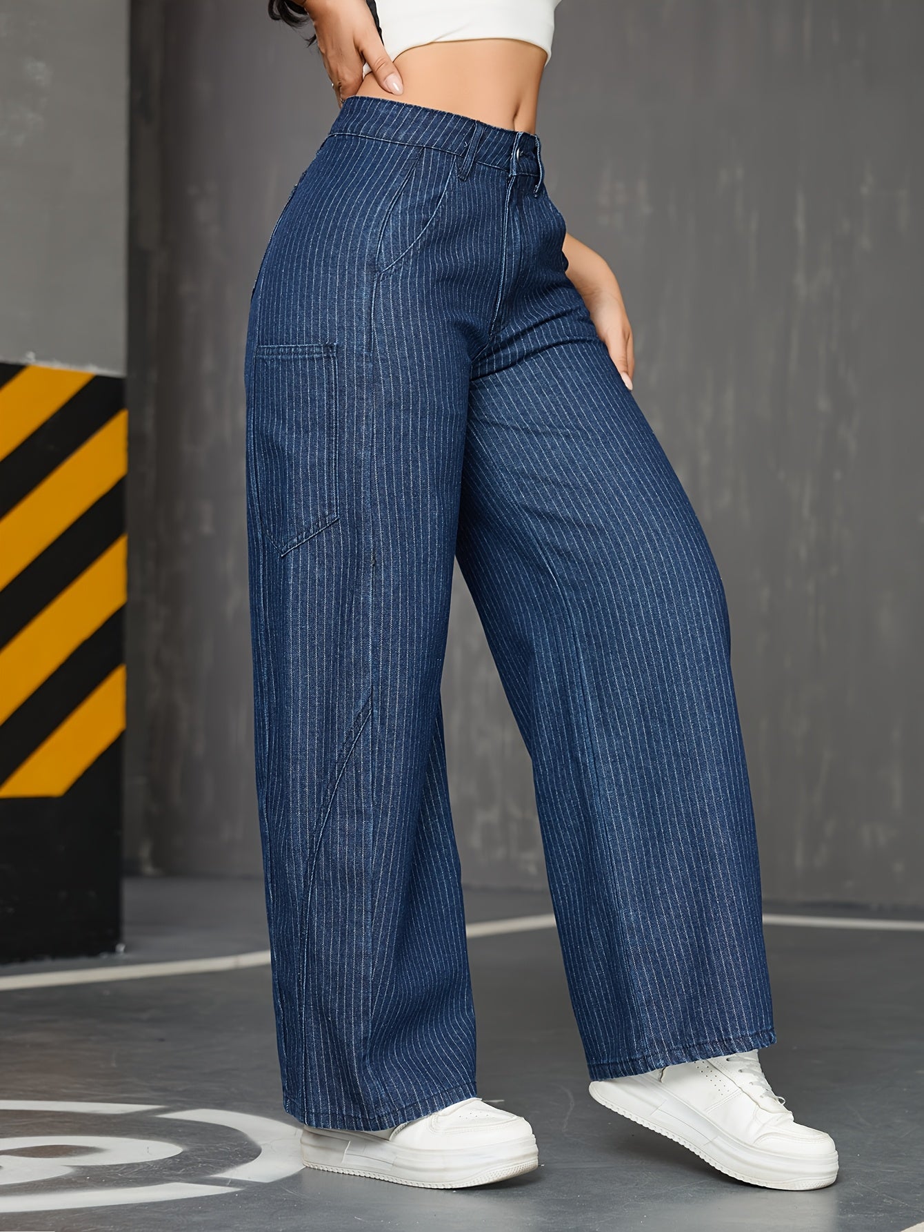 Jeans femmes taille haute, jambe large, coupe droite détendue, fermeture éclair, ceinture non incluse, denim non extensible, pantalon rayé vertical anti-froissement pour tenue casual et formelle