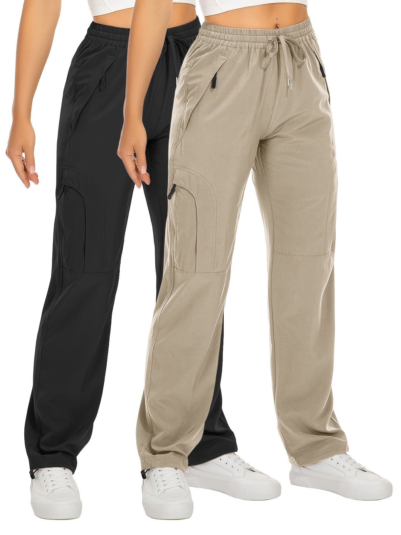 Lot de 2 Pantalons Cargo Femme – Poches Zippées, Tissu Respirant et Séchant Rapidement, Extensible, Automne, Noir et Blanc