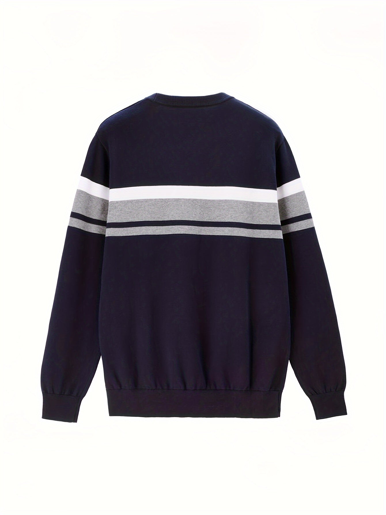Men's Slim Fit Striped Knit Sweater - Navy Blue & Gray Horizontal Stripes, Medium Stretch Round Neck Pullover for Autumn Winter Casual Wear, Machine Washable