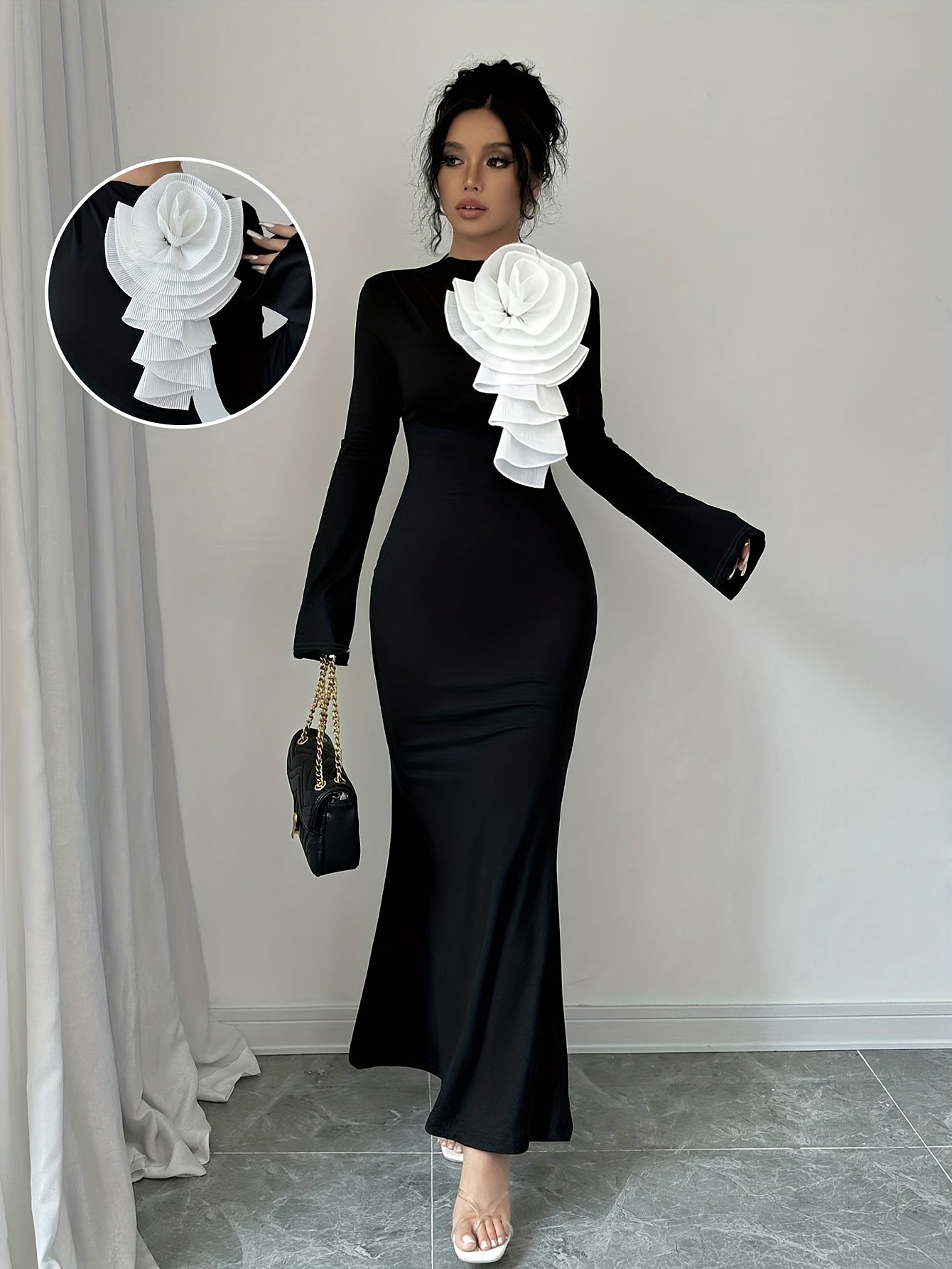 Elegant Party Dress with 3D Large Floral Design on The Front And Long Sleeves.