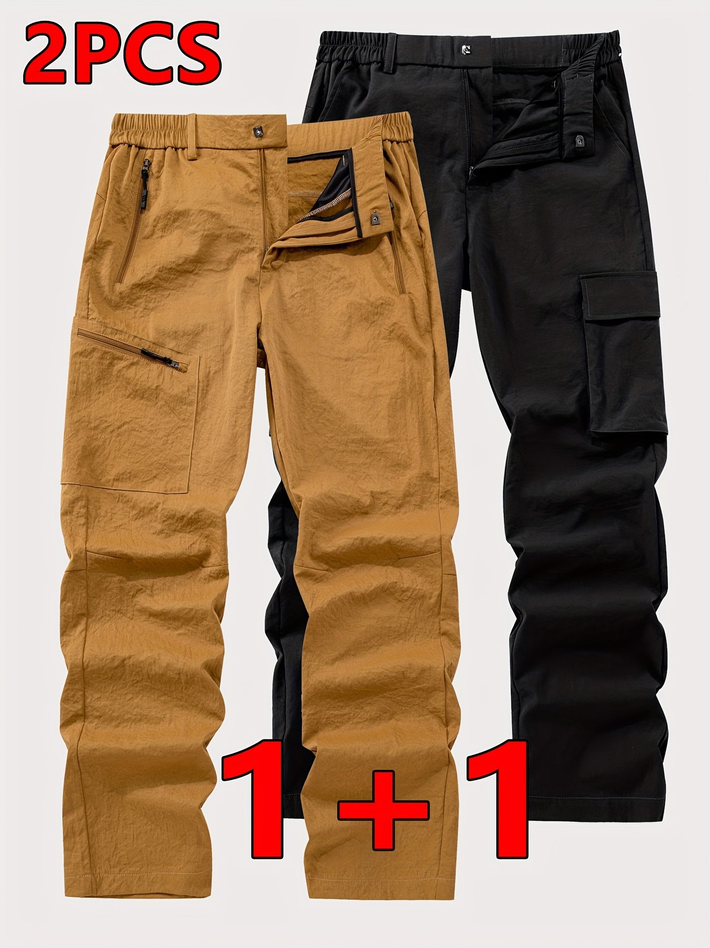 Pantalons cargo robustes pour homme (2 pièces) – multi-poches, style tactique outdoor, fermeture à boucle de ceinture, taille mi-haute, lavables en machine, idéals randonnée, camping, vélo, cadeau parfait (marron/noir)