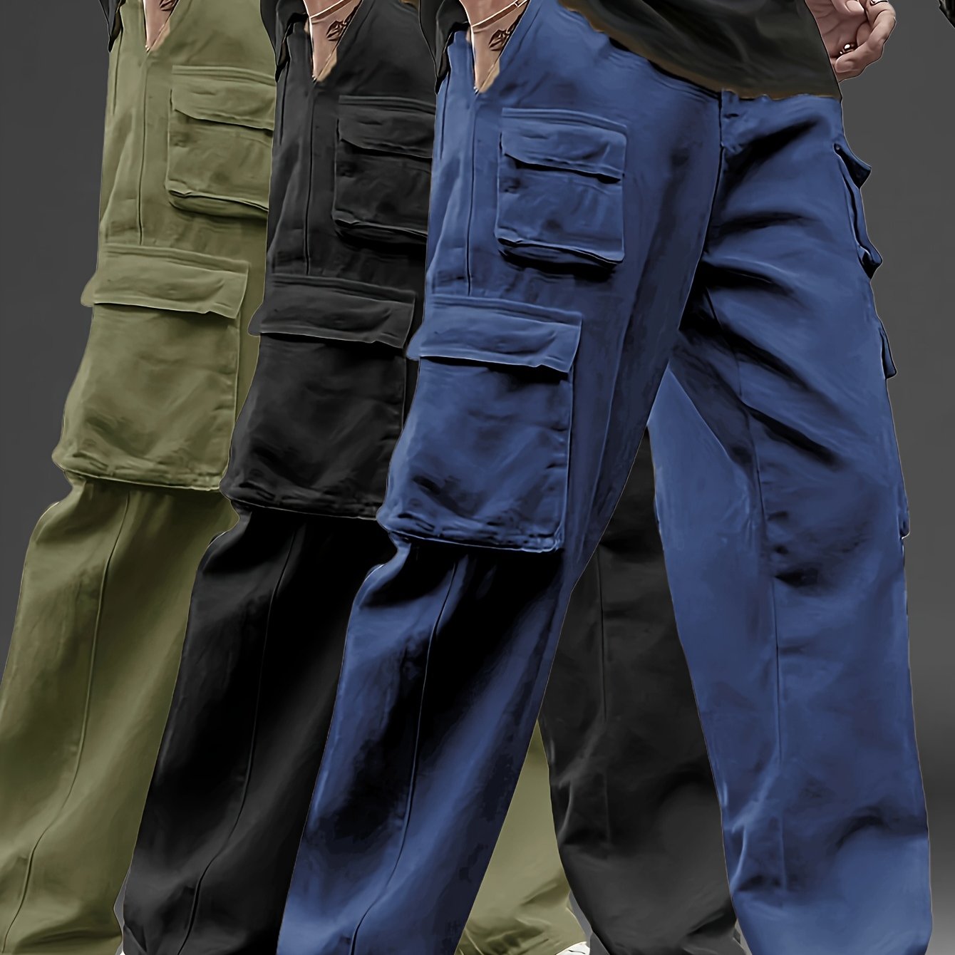 3pcs Pantalons Cargo Homme – Multipoches, Loose Fit, Durable, Casual & Outdoor