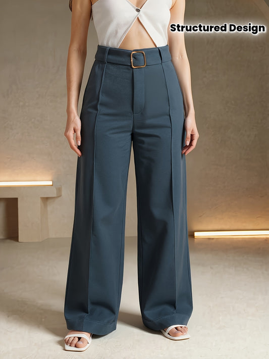 Pantalon Femme Taille Haute – Jambe Large Bleu Foncé, Ceinturé, Poches, Bureau et Décontracté, Tous Saisons