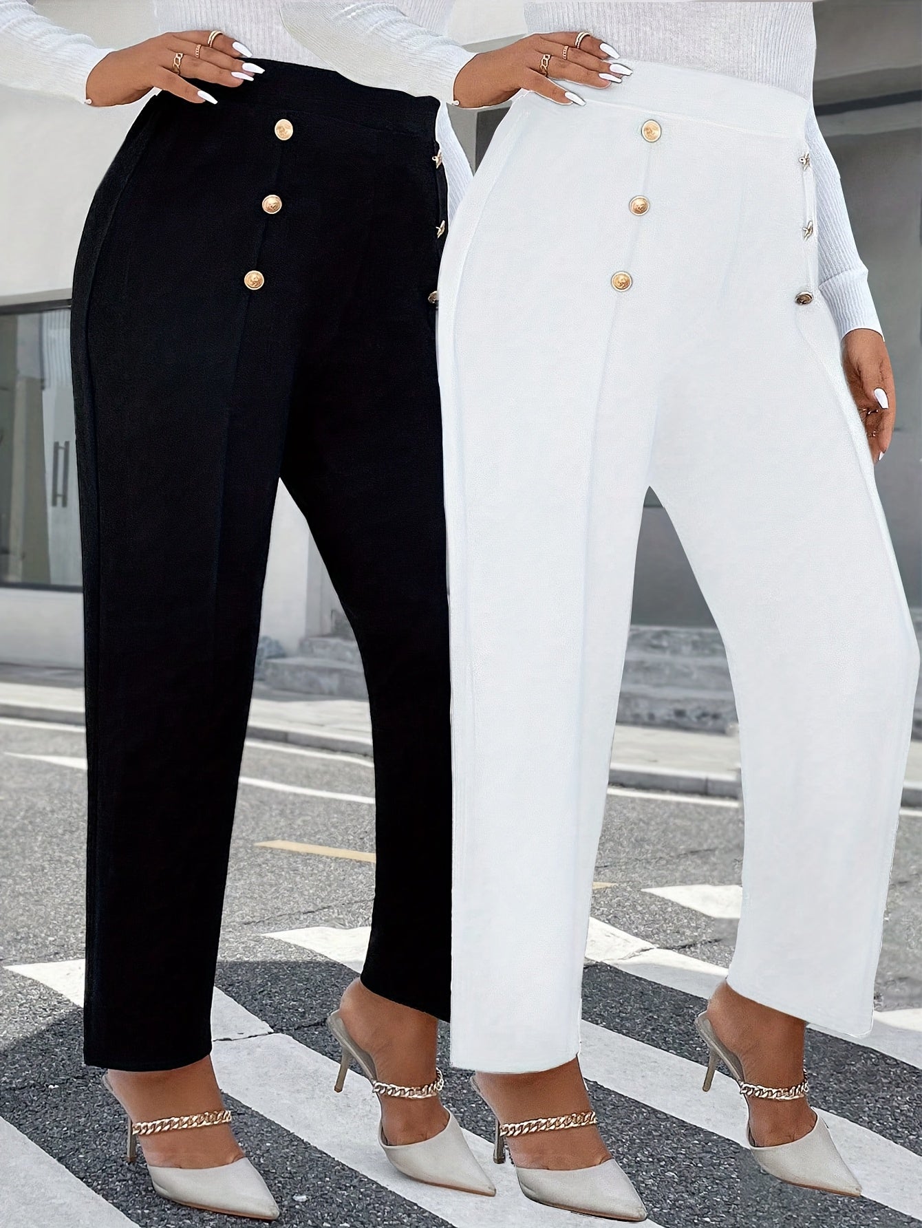 Lot de 2 Pantalons Femme Grande Taille – Taille Haute, Boutons, Jambe Droite, Noir