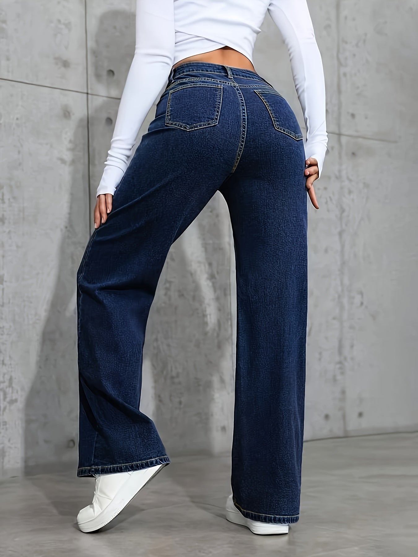 Jeans Femme Style Basique Bleu Effet Usé Jambe Droite Décontracté Poches Multifonction Extensible Confortable Polyvalent