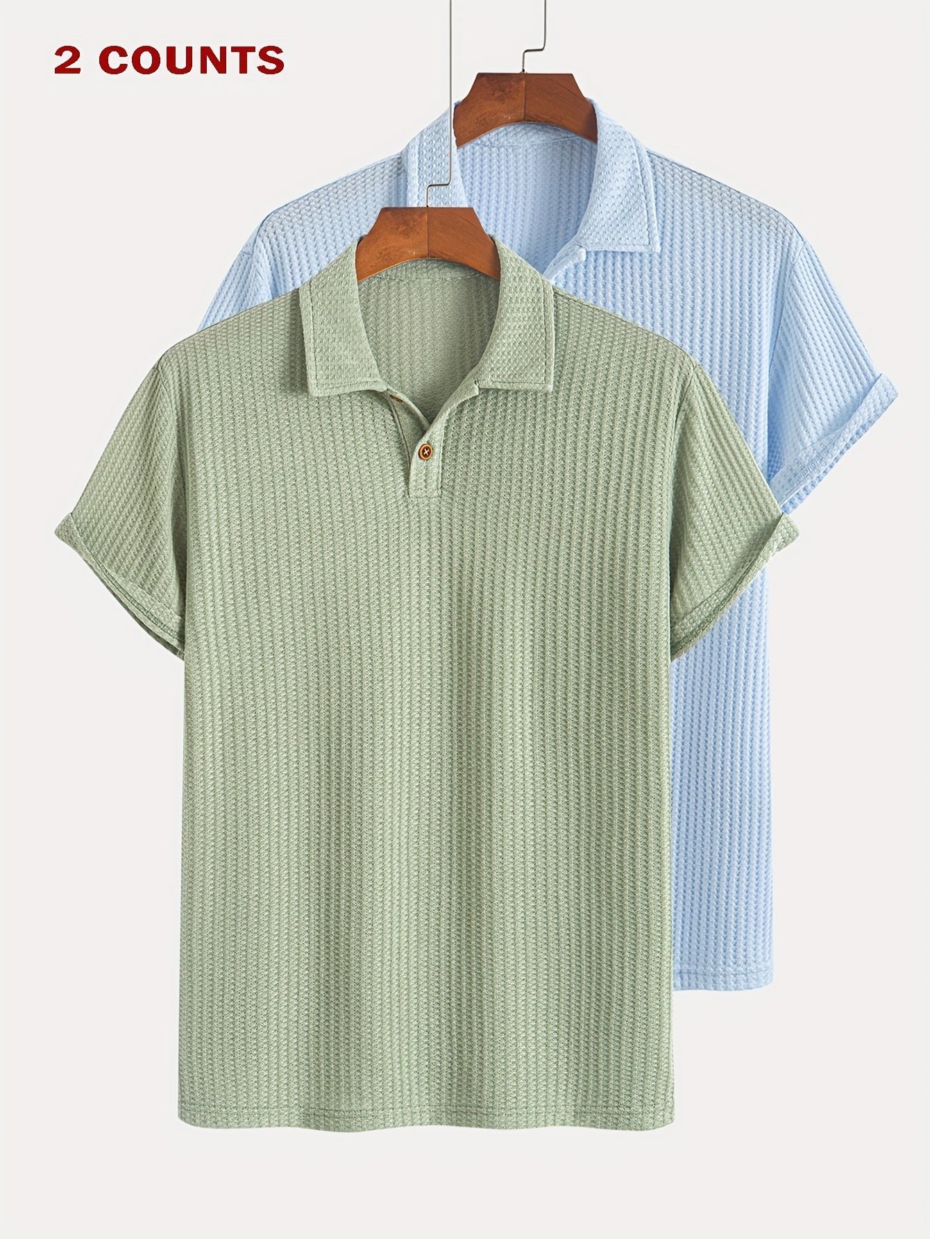 Two Pieces of Summer Casual Sports Jacquard Knit Short-Sleeve Polo Shirts, a Set of Two Jacquard Textured Short-Sleeve Polo Tops.