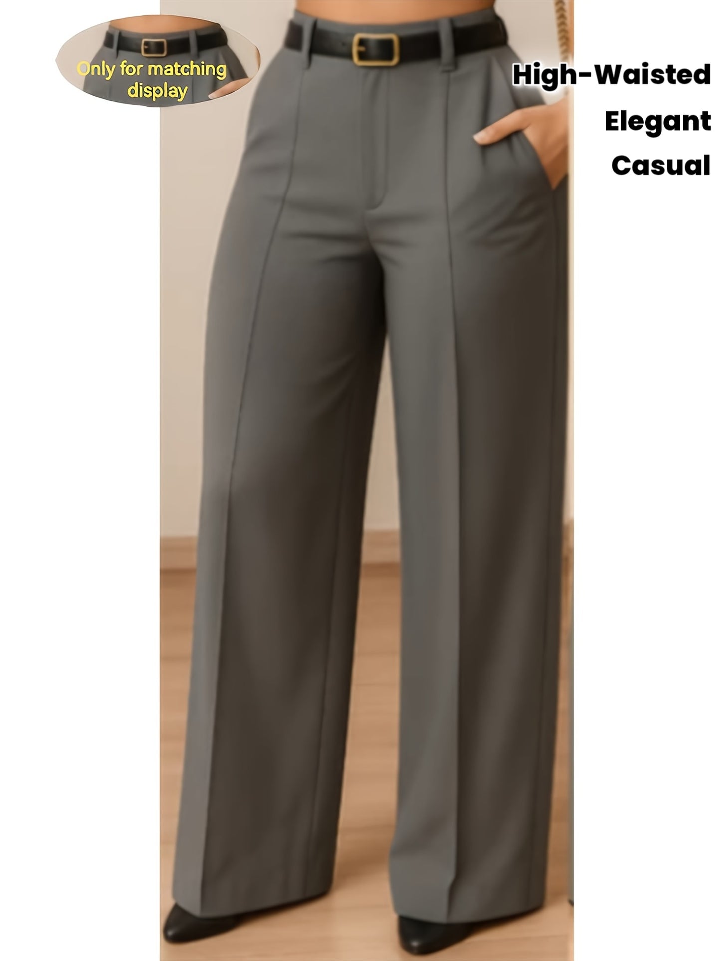 Pantalon Femme Jambe Large Taille Haute – Gris/Noir, Sans Ceinture, Style Bureau et Décontracté