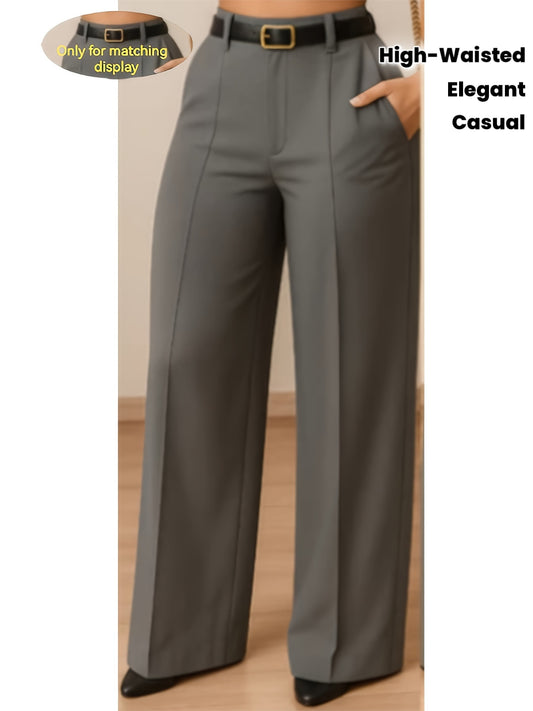 Pantalon Femme Jambe Large Taille Haute – Gris/Noir, Sans Ceinture, Style Bureau et Décontracté