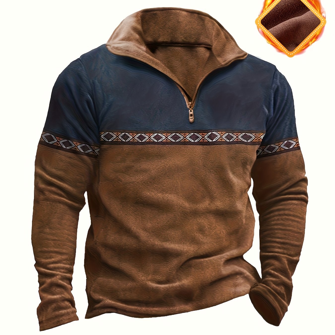 Men's Fashion Casual Long Sleeve Zip-Up Henley Shirt with Contrast Stitching and Fleece Lining for Autumn/Winter